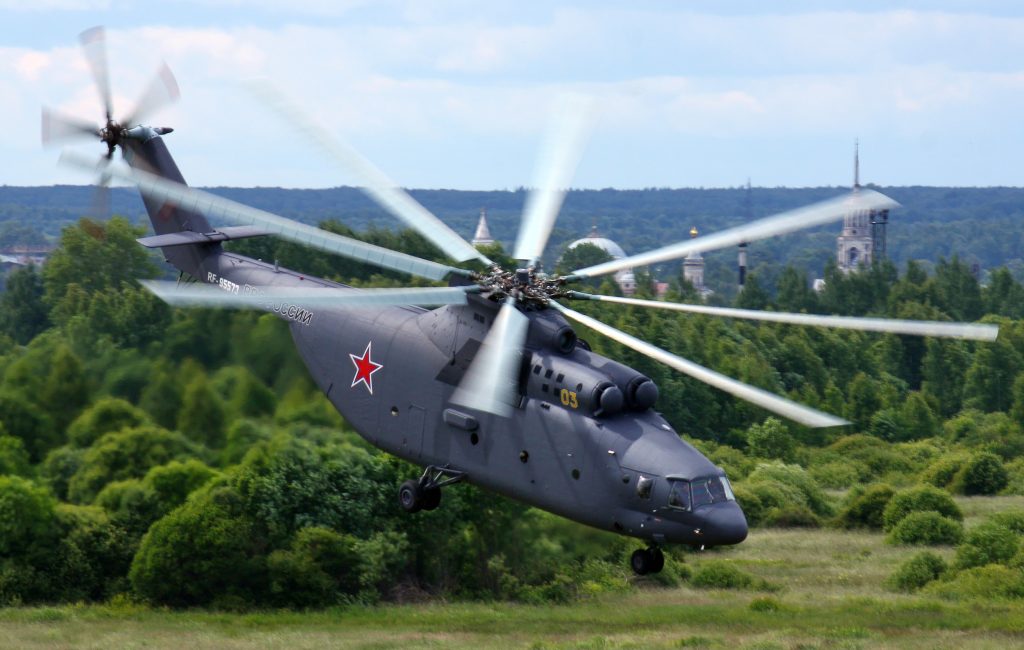 A Russian Air Force Mil Mi-26 flying forwards.