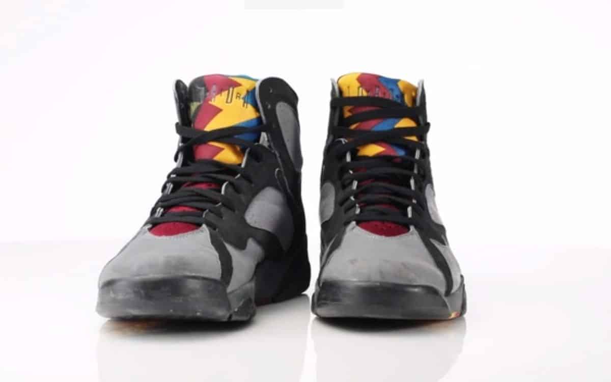 Pictured are the Michael Jordan Dual Signed Air Jordan VII 'Bordeaux' Sneakers.