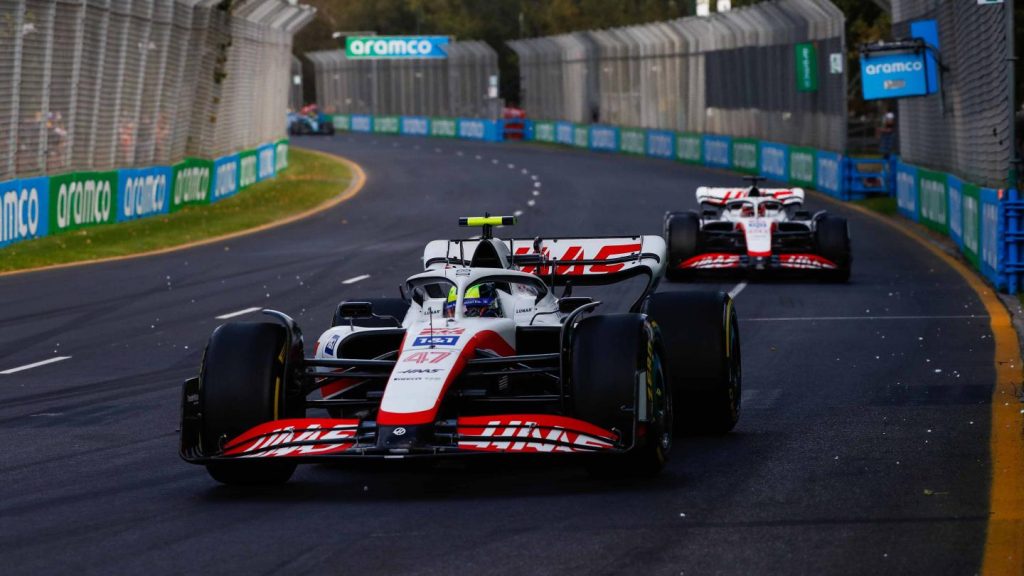 Mick Schumacher and Kevin Magnussen, both driving for Haas, at the 2022 Australian Grand Prix.