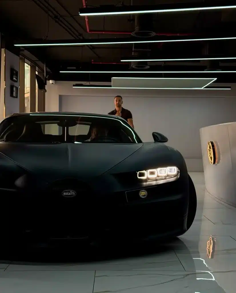 Dubai entrepreneur celebrates 1-of-20 Bugatti Chiron with four Shibas riding in a mini Bugatti