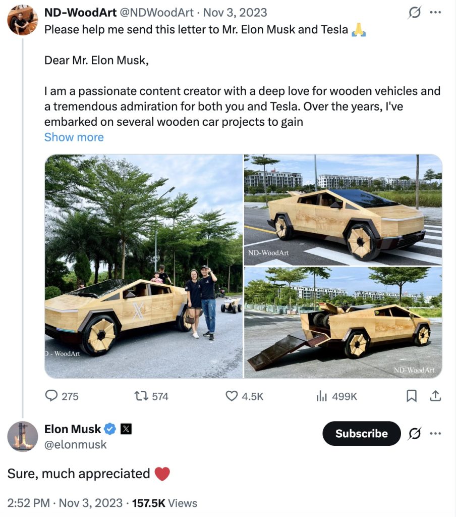 Man paid $15,000 to build a fully functional wooden Tesla Cybertruck and even Elon Musk responded to it