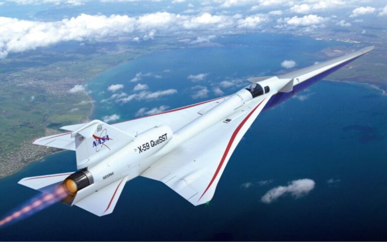 A rendering of the NASA X-59 in flight.