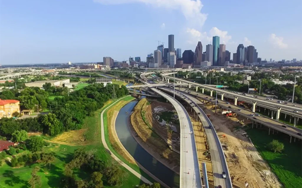 Texas is spending over a decade rebuilding and moving its Houston highways, shifting I-45 and adding new lanes, flood fixes, and green spaces