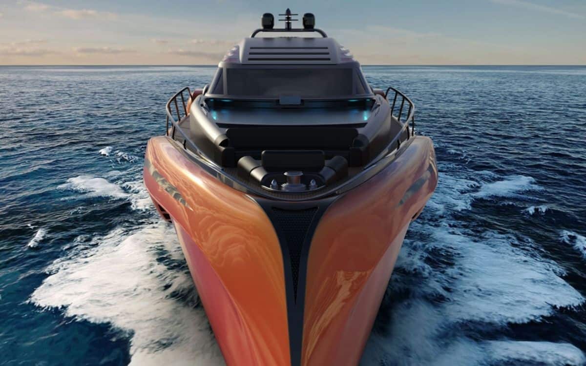 The LXT 88 concept yacht front on.