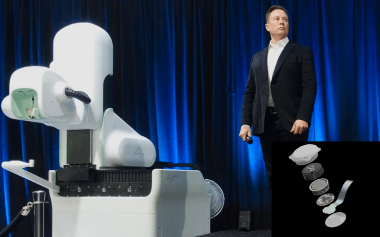 Elon Musk with the Neuralink robot and implant