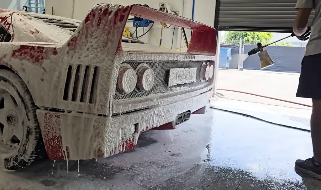 Nigel Mansell’s Ferrari F40 receives an extensive car detailing, revealing rare factory components and preserving its original condition