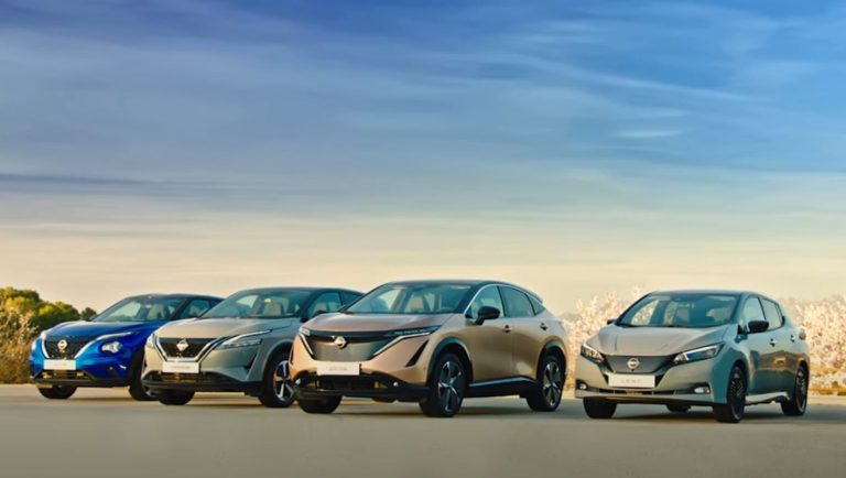 Nissan EVs are pictured, including the Leaf and the Ariya.