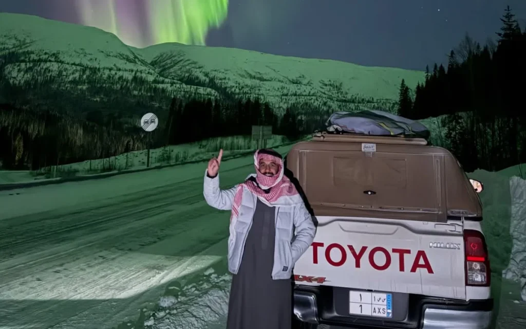 Saudi Arabian man Malik Alsultan has traveled thousands of miles in his Toyota Hilux truck just to see the Northern Lights in Norway