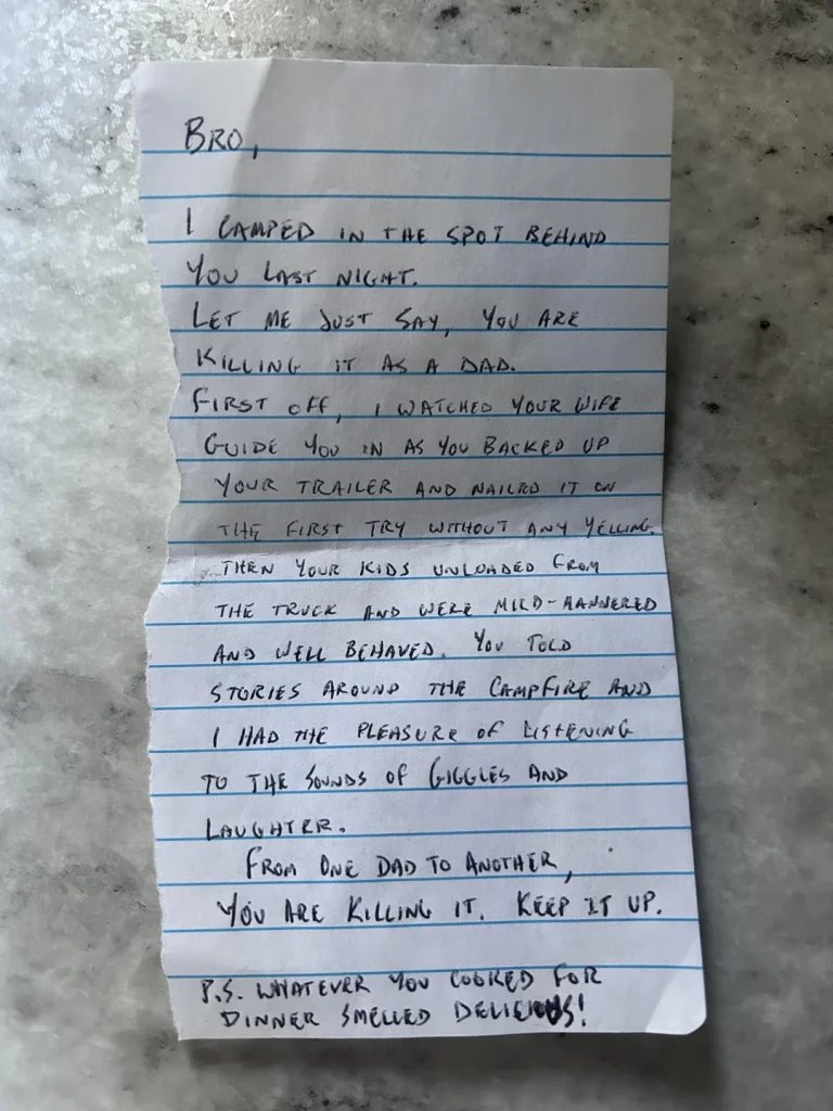 Dad camping with family at Yosemite finds heartwarming note from stranger on his windshield