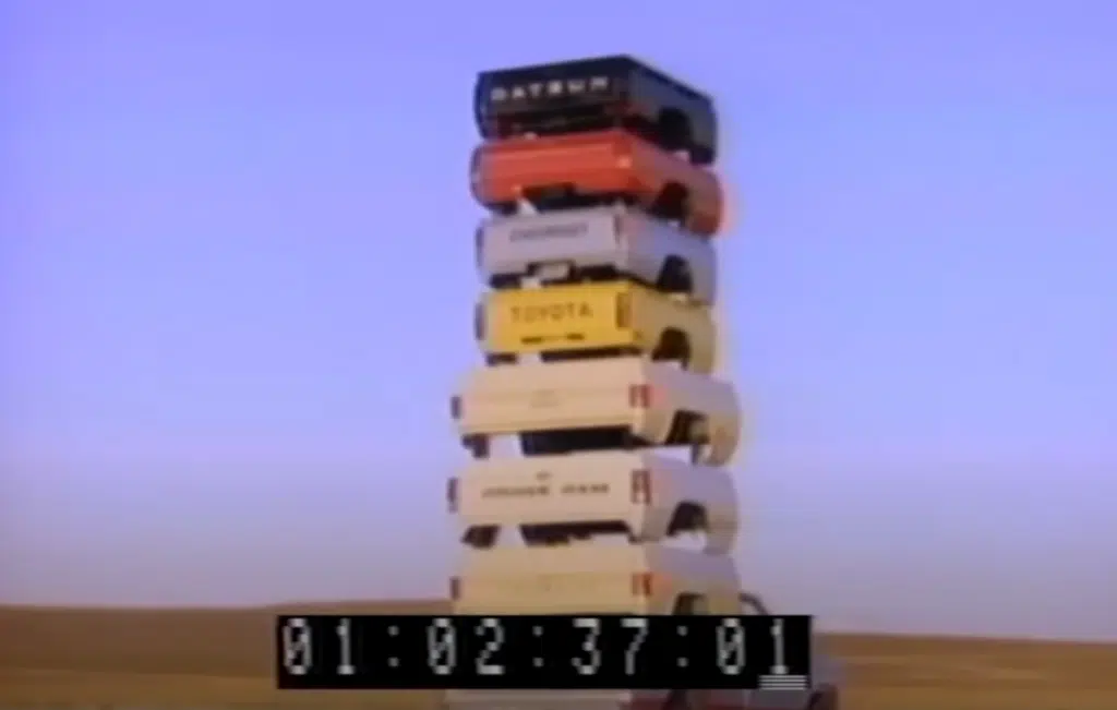 Old Ford truck commercials from the 80s used 80s car ads, vintage truck marketing, and classic Ford stunts to promote strength and utility over luxury