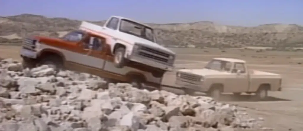 Old Ford truck commercials from the 80s used 80s car ads, vintage truck marketing, and classic Ford stunts to promote strength and utility over luxury