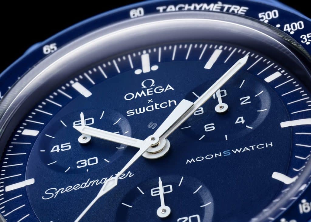 The MoonSwatch with a blue dial.