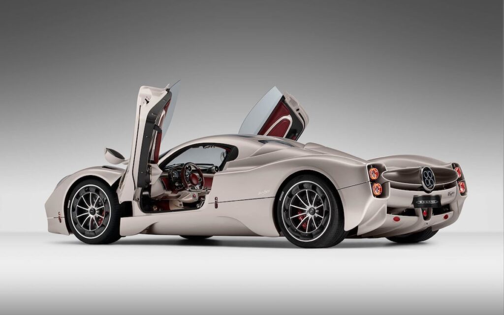 Rear of the Pagani Utopia with its butterfly doors up