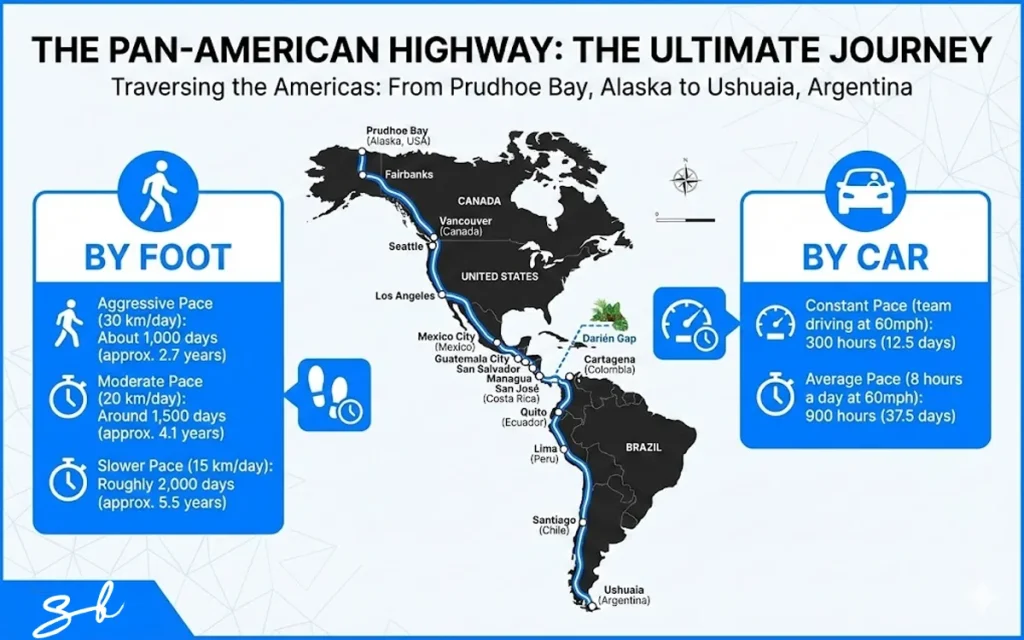 This is how long it would take to cross the longest highway in the world, the Pan-American, which spans 30,000 km across 14 countries, by car and by foot