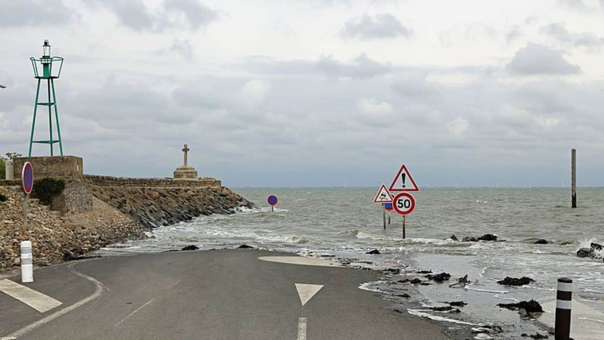 Passage du Gois in France covered in water.