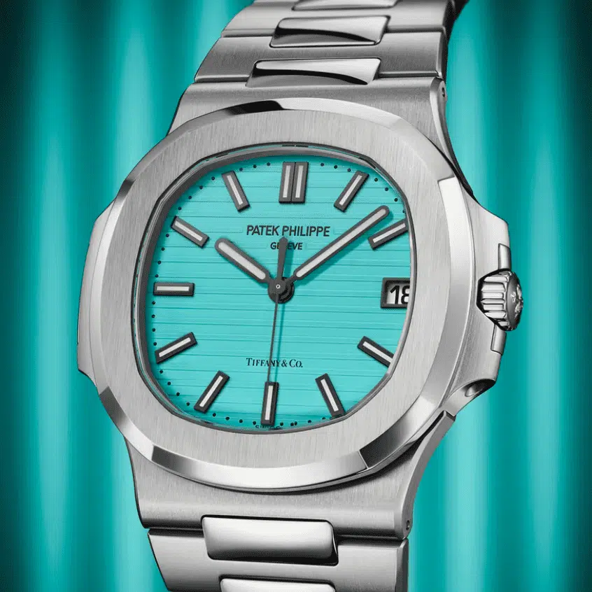 The Tiffany blue dial on full show on the Patek Philippe Nautilus 5711.