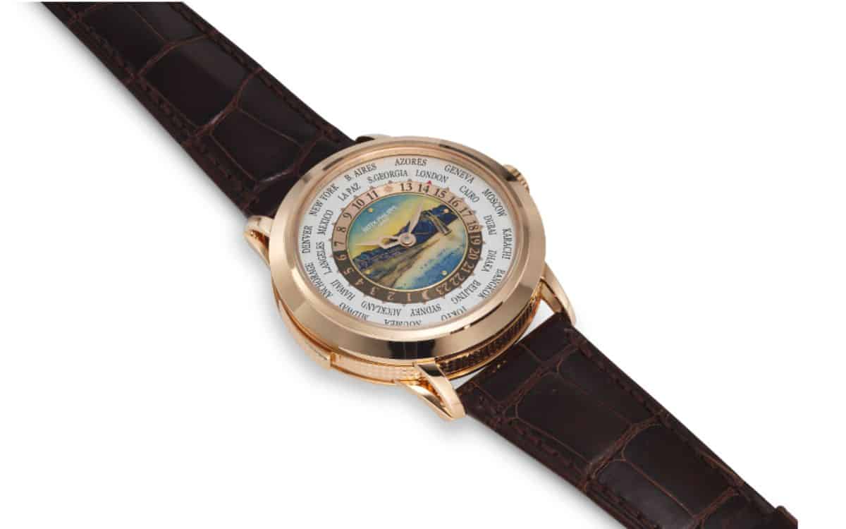 The Patek Philippe watch has a cloisonné enamel dial depicting the Lavaux vineyards. 