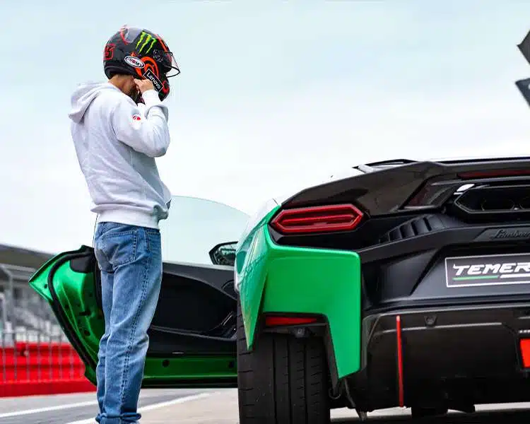 Pecco Bagnaia swapped two wheels for four to test out the new Lamborghini Temerario.