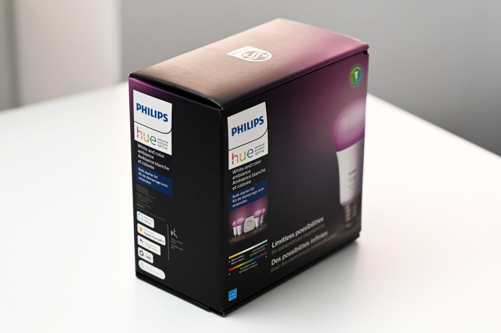 The packaging of a Philips Hue lightbulb.