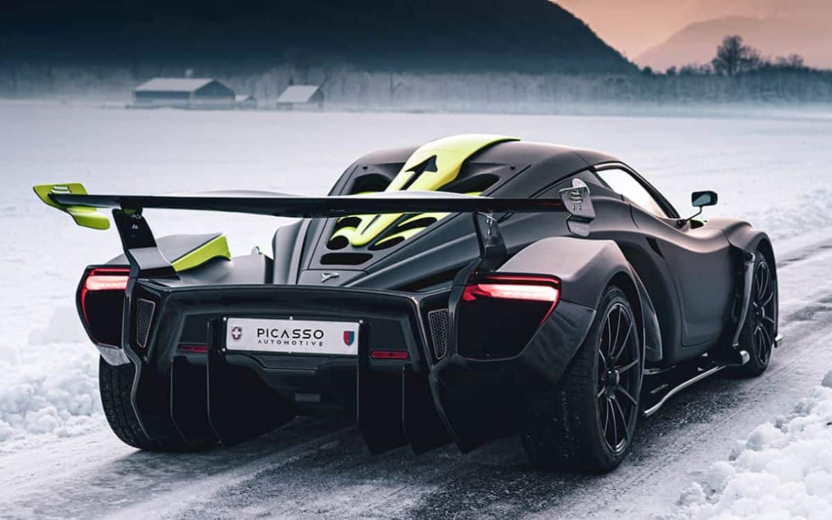 The rear view of the Picasso supercar in snow.