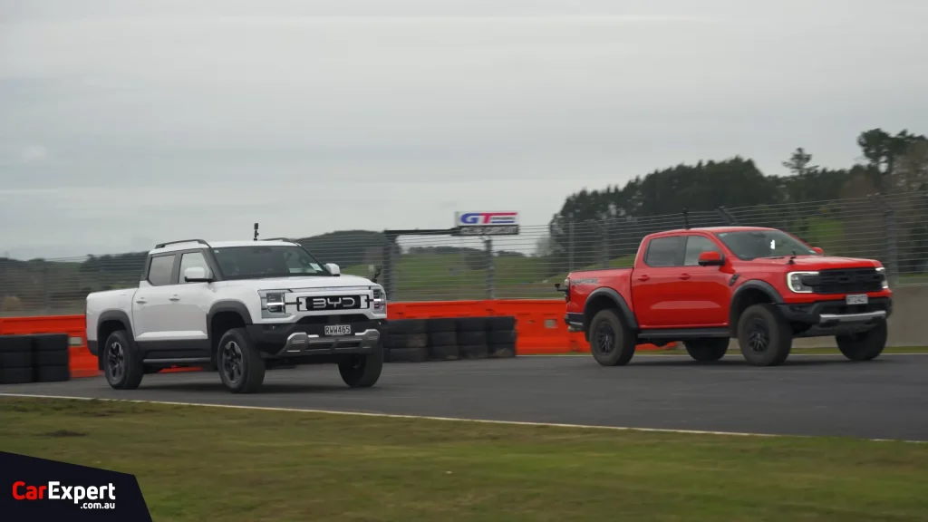 Ford Ranger Raptor lines up against BYD Shark 6 and Geely Riddara RD6 in American gas vs Chinese EV drag race battle that ends with a surprise