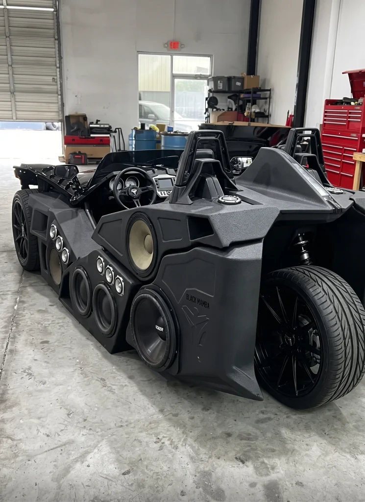 This Polaris Slingshot has been turned into a 'rolling concert' after being covered with 16 speakers and it makes one hell of a noise