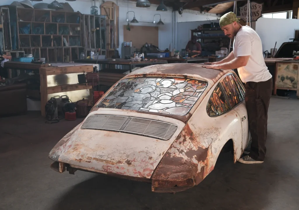LA man creates art out of abandoned Porsche 911 with stained glass windows