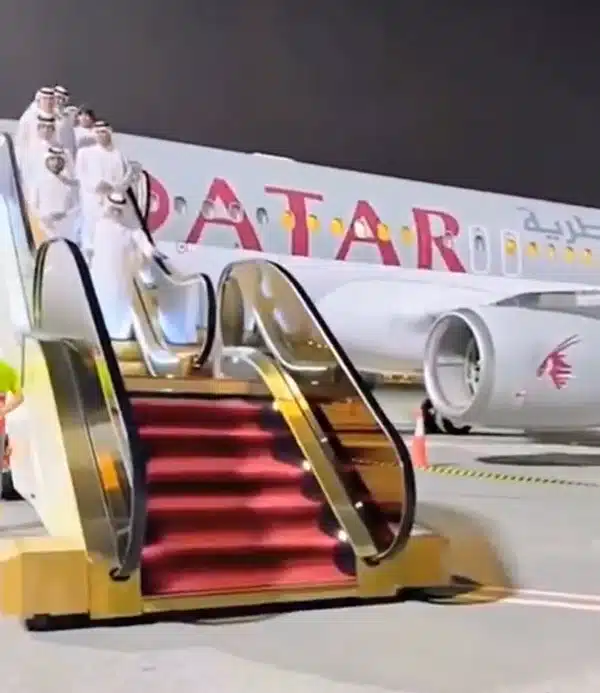 A gold-plated escalator is how Qatari royals step off their flying palace