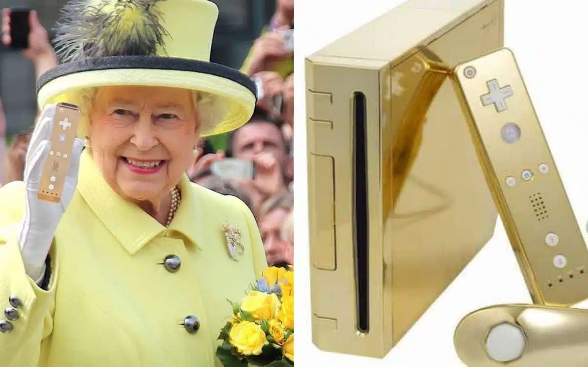Queen Elizabeth II and a golden Nintendo Wii.