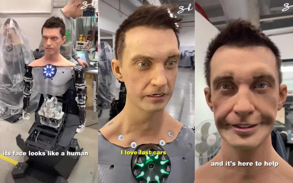 Robo-C named Alex is pictured left and pulling two different facial expressions in the center and right photos.