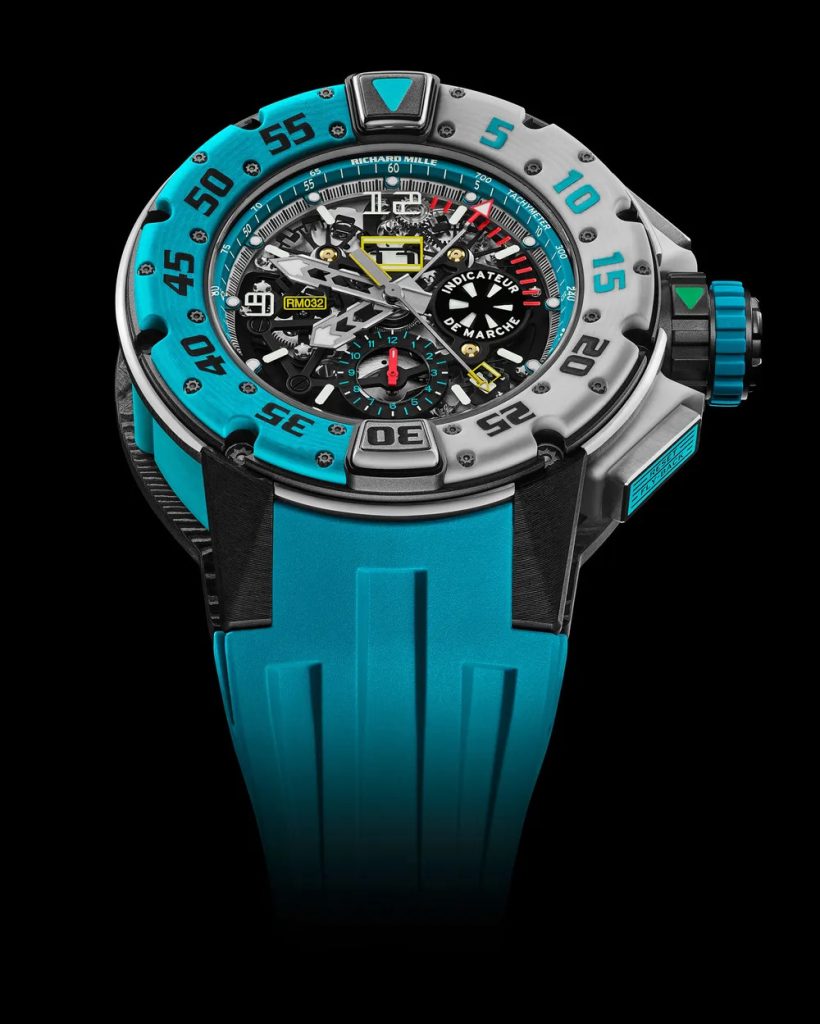 Richard Mille RM032 with a blue watch band.