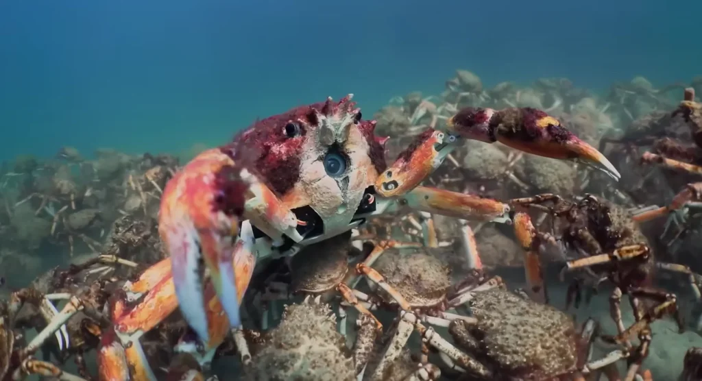 Robot disguised as a crab was put in the ocean and an army of real crabs came to defend it from a stingray