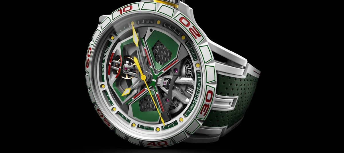 Roger Dubuis' watch created as a tribute to the Lamborghini Huracan GT3 EVO2, pictured right