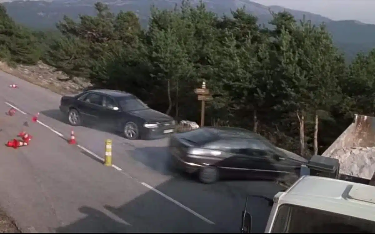 Two cars in the Ronin car chase scene.