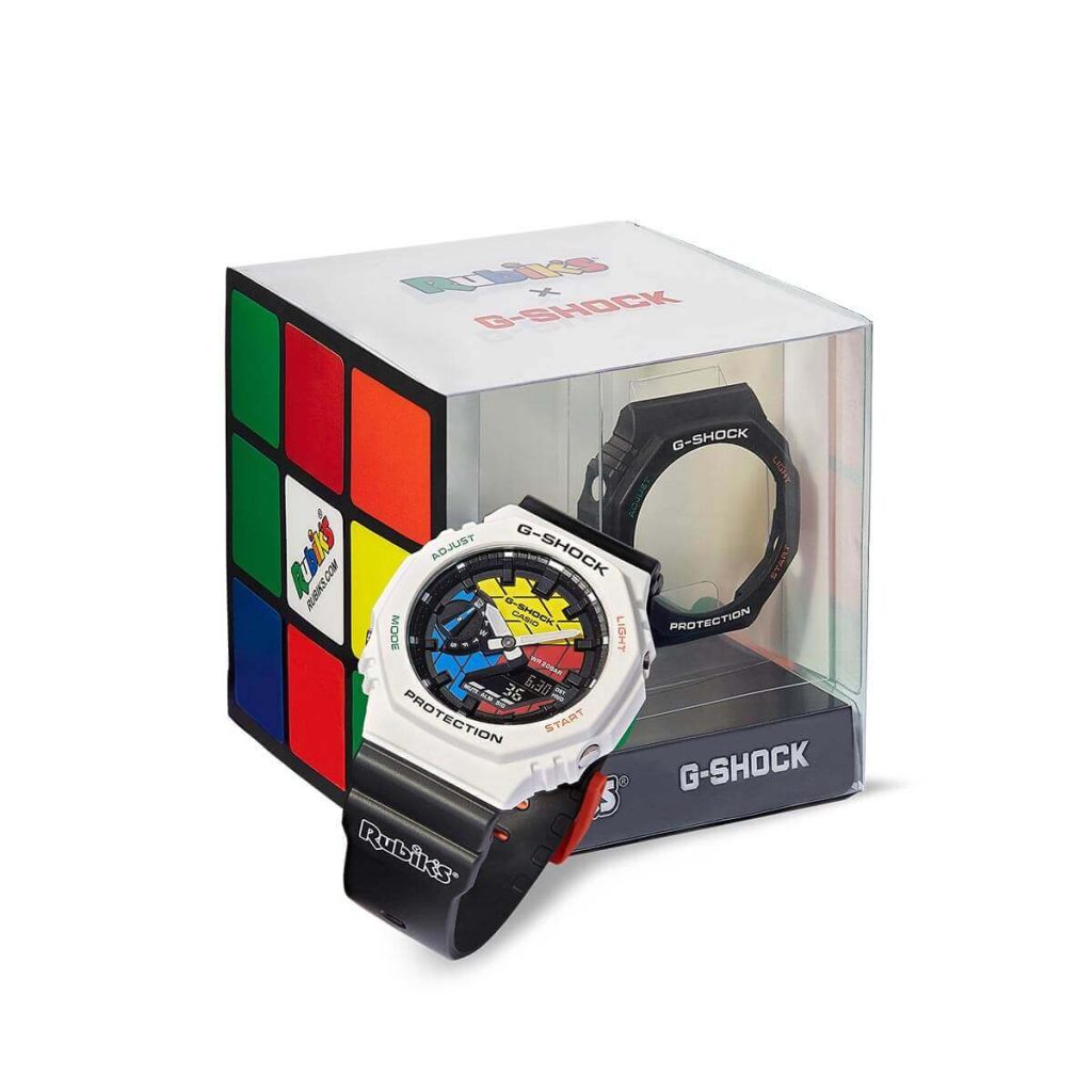 The Casioak, a Rubik's Cube x G-Shock collab, is shown with a white bezel.