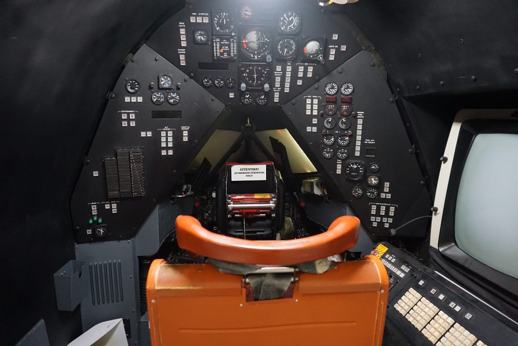 The inside of the SR-71 simulator, from the view of the reconnaissance system officer's position.