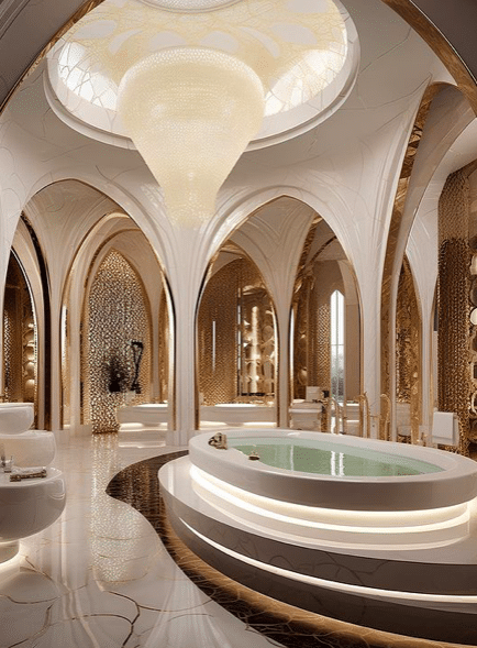 The concept mansion designed for Neymar features a huge and elaborate marble bathroom