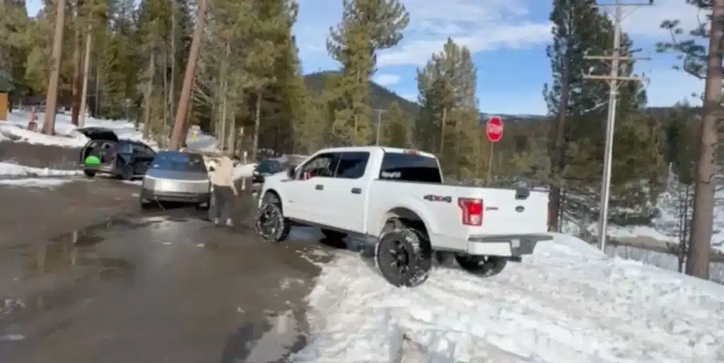 Cybertruck demonstrates real pulling power on pick-up truck in snow