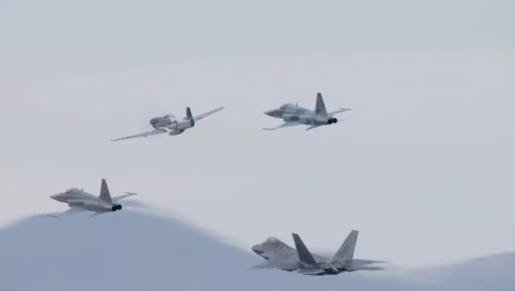 F-22 Raptor, F-5 Tiger II & P-51 Mustang captured flying together in epic heritage flight