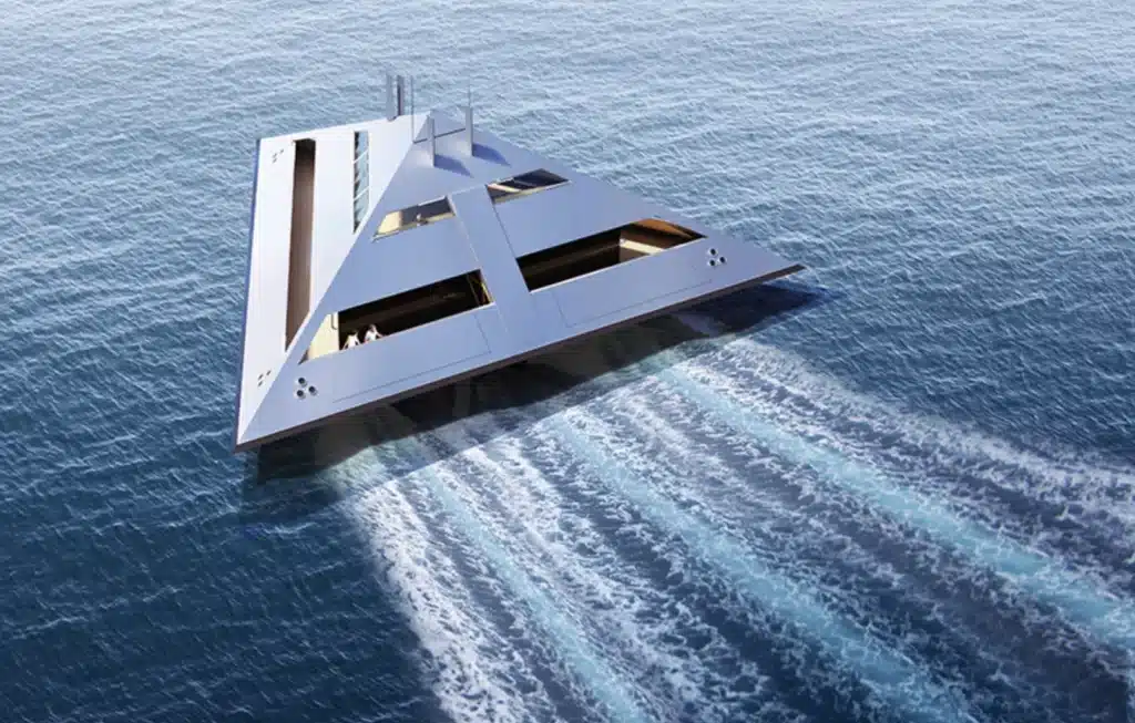 Flying pyramid yacht flies above water for sailing in luxury