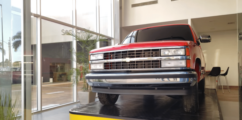 This Chevy pickup has been stuck on a building for 30 years