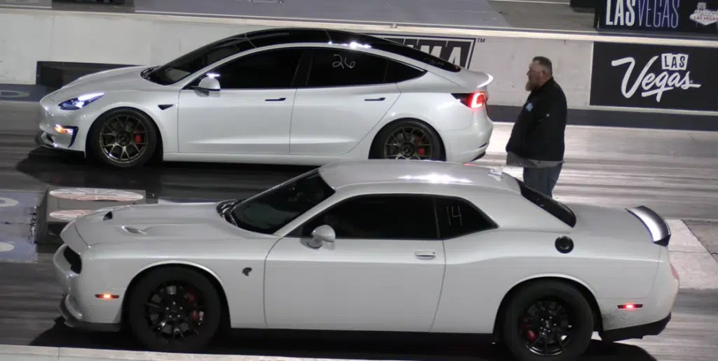 Muscle versus EV as white Mopar and a white Tesla meet for a Las Vegas drag race