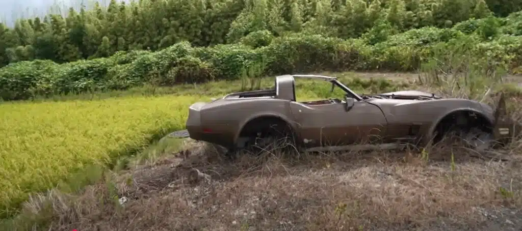 Mystery of Chevy C3 Corvette abandoned next to a rice field