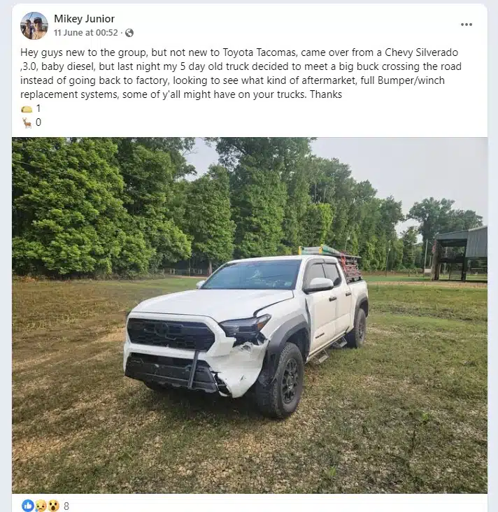 Chevy Silverado swapped for Toyota Tacoma that hit a deer in five days
