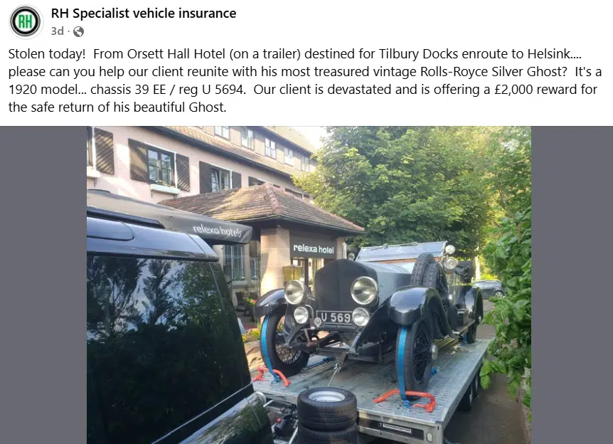 A 105-year-old Rolls-Royce Silver Ghost was stolen from the grounds of a hotel in Essex, leaving its 82-year-old owner ‘heartbroken’