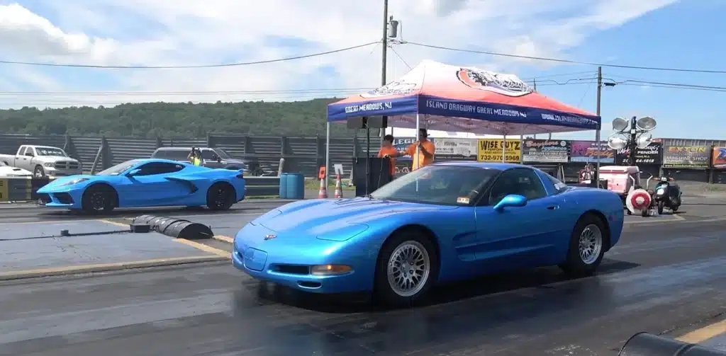 A C8 Chevrolet Corvette lines up against a C5 Corvette in a head-to-head drag race at Island Dragway, and the result isn't what you might expect