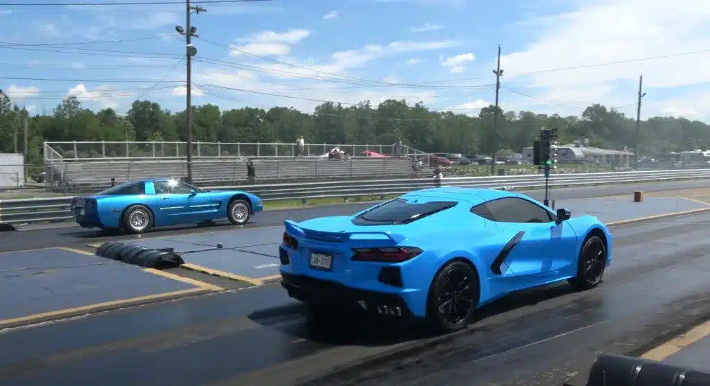 A C8 Chevrolet Corvette lines up against a C5 Corvette in a head-to-head drag race at Island Dragway, and the result isn't what you might expect