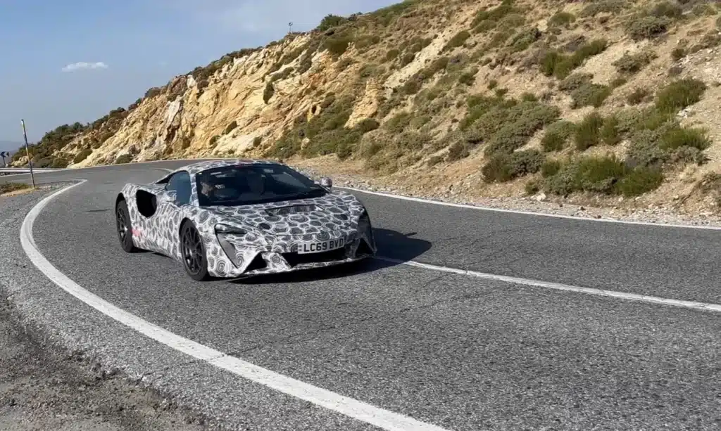 McLaren Artura variants spotted during McLaren testing show updates to the hybrid supercar with visible design changes and possible performance upgrades