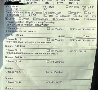 Minnesota Dodge Charger EV driver got a ticket from cop for his exhaust being too loud