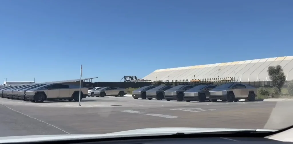 Tesla Cybertrucks parked at SpaceX Starbase with the EVs unsold